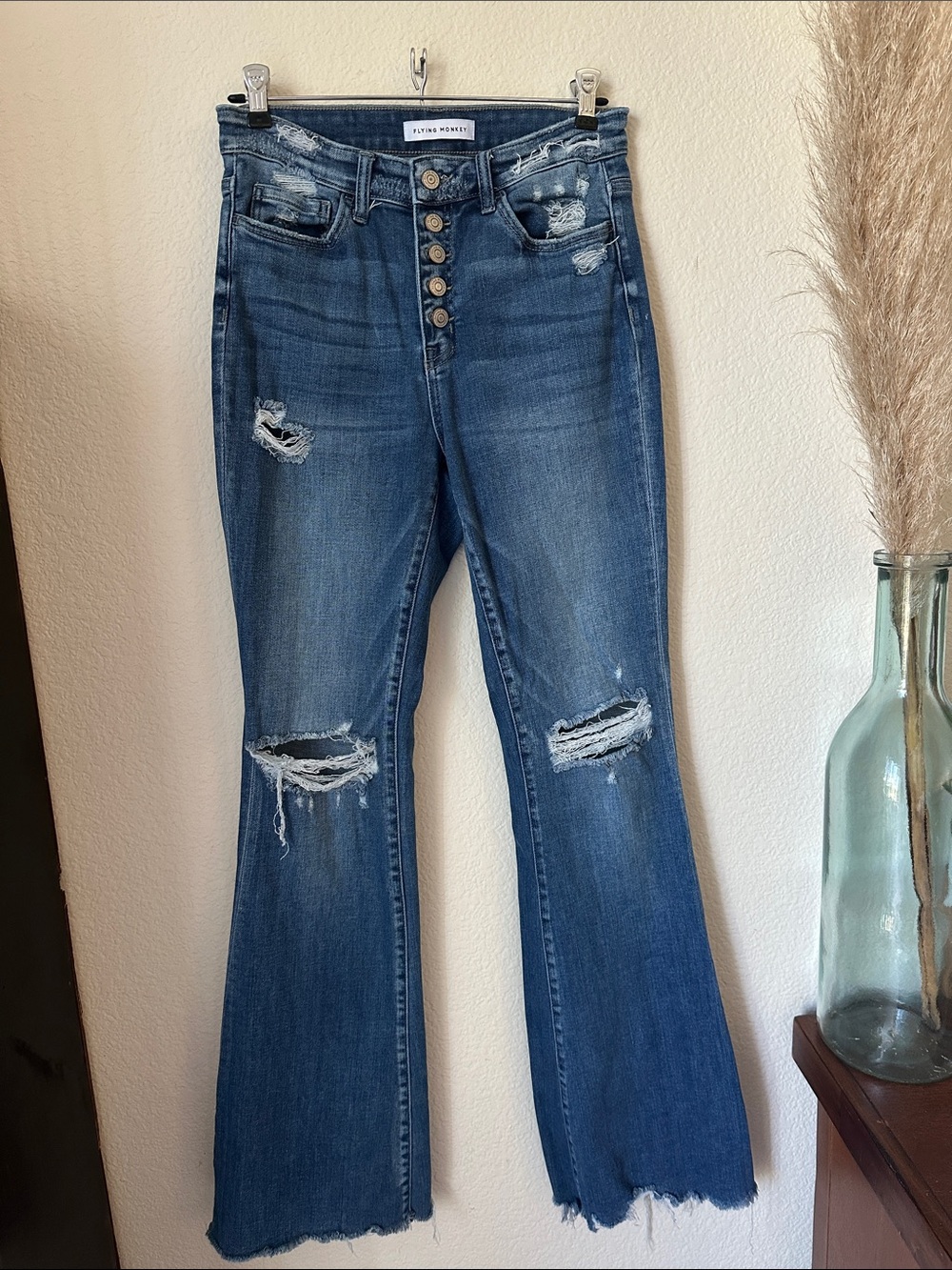 Flying Monkey Distressed Indigo Button-Front Flare Jeans